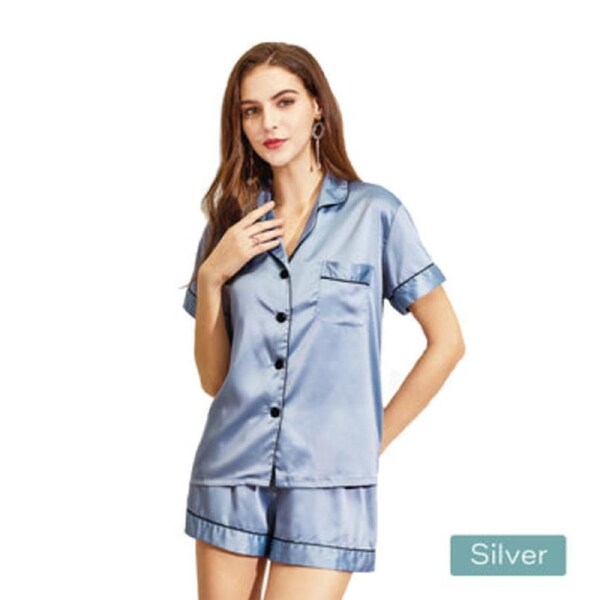 Premium Satin Short Women Pajamas Set Small Dusty Blue 2pc Soft Wrinkle Resistant