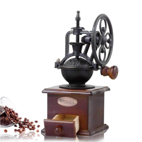 Vintage Manual Coffee Bean Grinder Wood Cast Iron Hand Mill with Ceramic Core