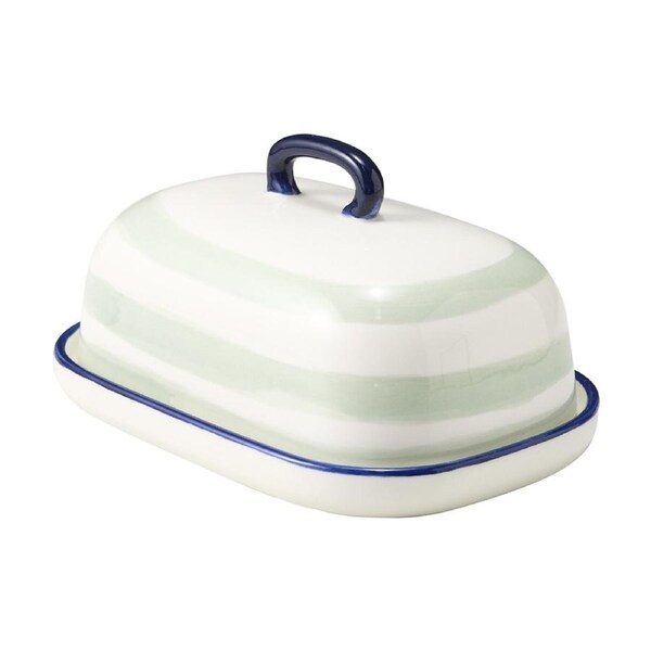 Porto Sable Kitchen Butter Dish White & Sage Green Stripe 18x12.5x10cm