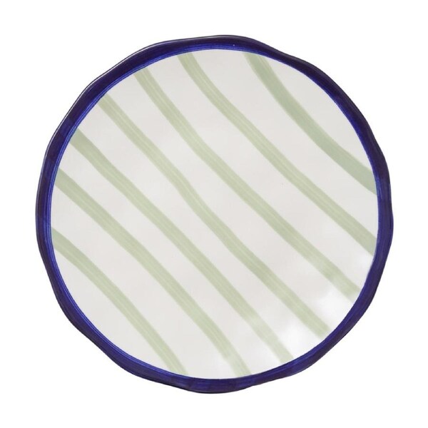 Porto Sable Kitchen Round Platter White & Sage Green Stripe 35cm