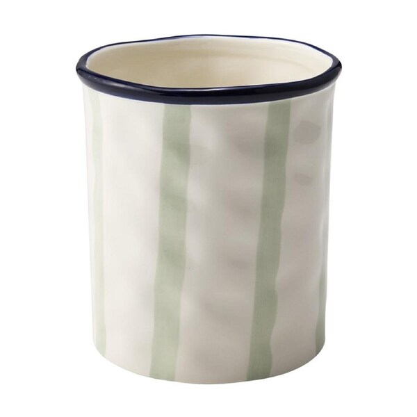 Porto Sable Kitchen Utensil Holder White & Sage Green Stripe 16.5x15cm
