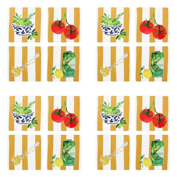 4x 4pc Porto Beige Stripe & Florence Food Rectangle Coasters 10cm