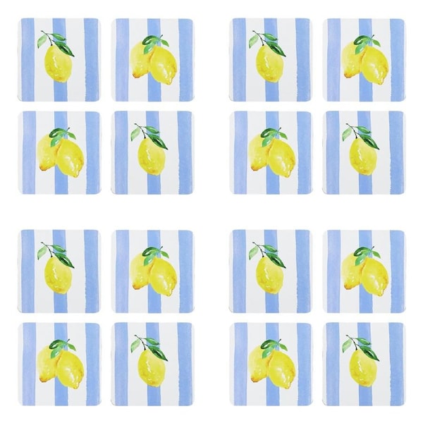 4x 4pc Porto Limone Lemon W/ White & Blue Stripe Coasters 10cm