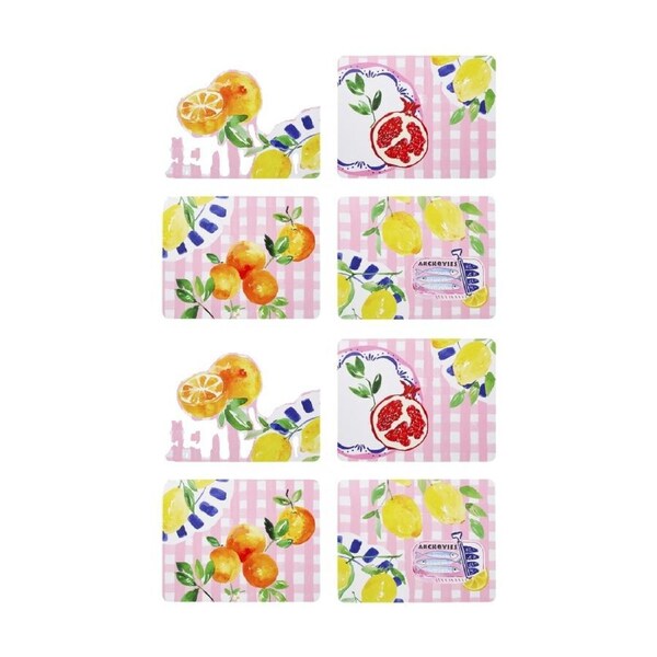 2x 4pc Porto Positano Inspired/Pink Check W/ Lemons Dinner Placemats 34x26.5cm