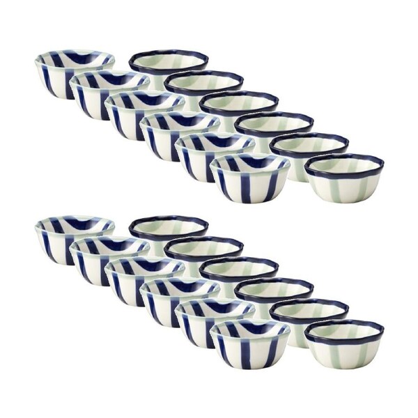 12x 2pc Porto Sable Kitchen Dip Bowls White/Navy/Sage Green Stripe 10cm