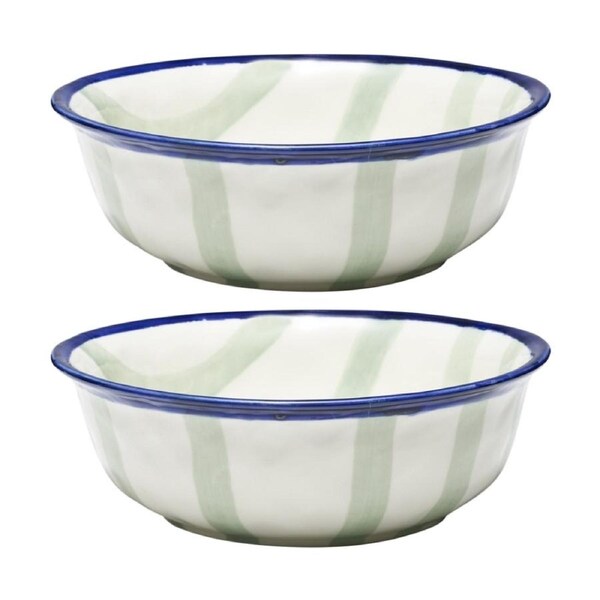 2PK Porto Sable Kitchen Serving Bowl White & Sage Green Stripe 25cm