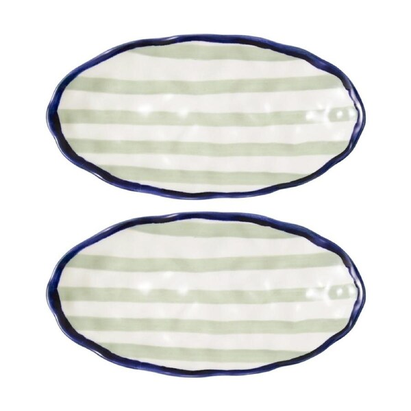 2PK Porto Sable Kitchen Oval Platter White & Sage Green Stripe 31cm