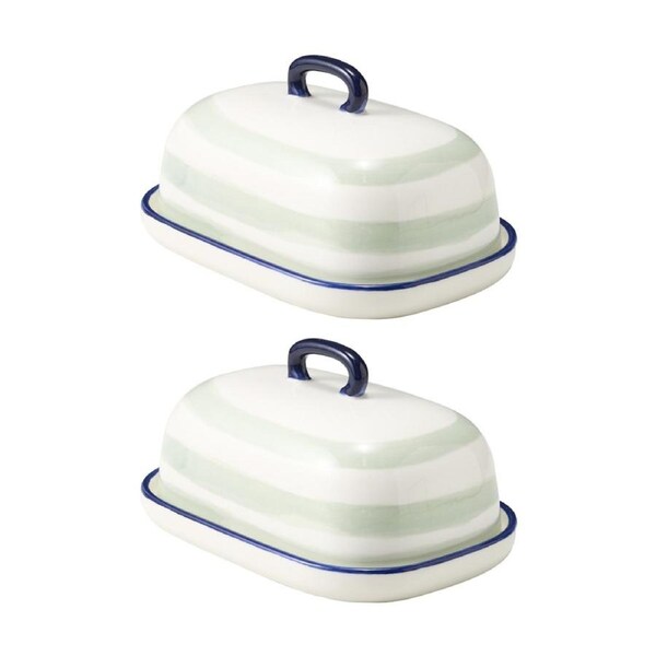 2PK Porto Sable Kitchen Butter Dish White & Sage Green Stripe 18x12.5x10cm