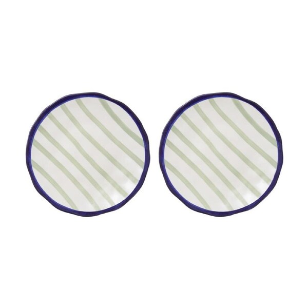 2PK Porto Sable Kitchen Round Platter White & Sage Green Stripe 35cm
