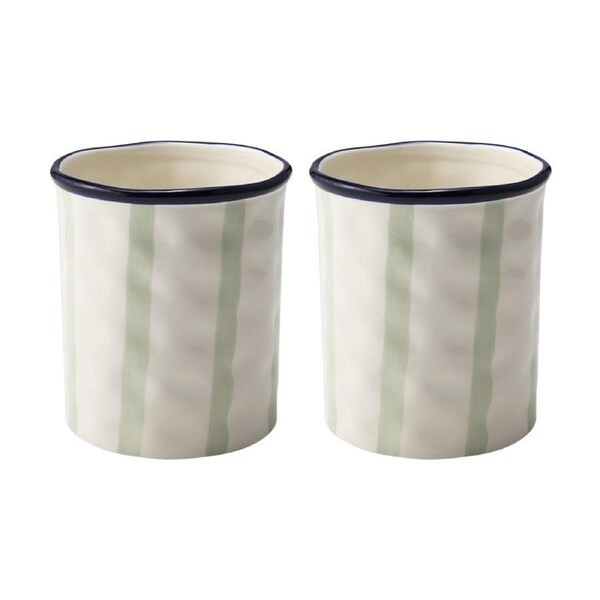 2PK Porto Sable Kitchen Utensil Holder White & Sage Green Stripe 16.5x15cm