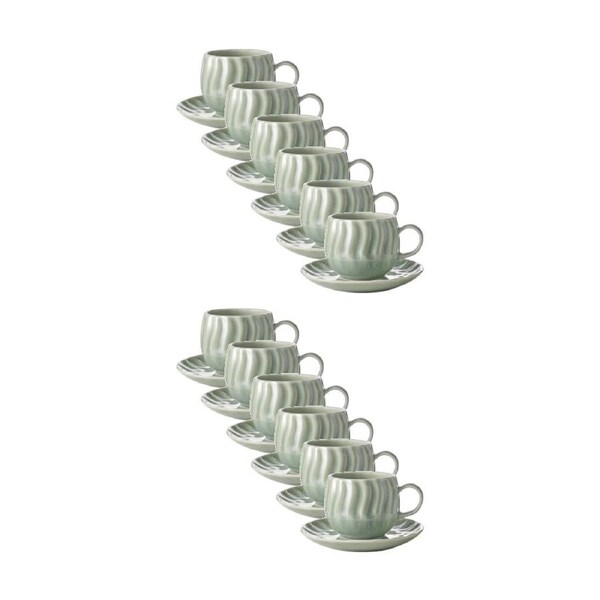 12x 2pc Ecology Ritual Rippled Porcelain Cup & Saucer Willow Green 230ml