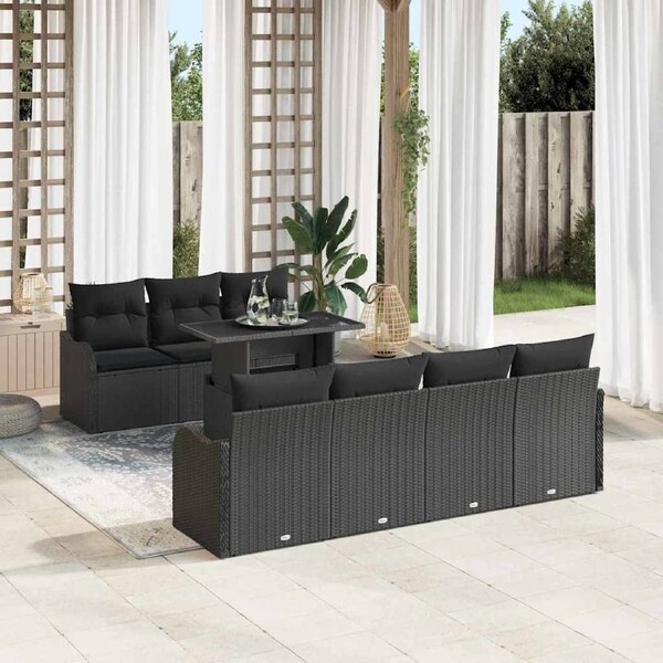 Garden Sofa Set with Cushion 8 pcs Black Poly Rattan vidaXL