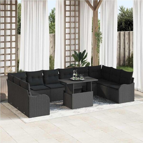Garden Sofa Set with Cushion Manual 11 pcs Black Poly Rattan vidaXL