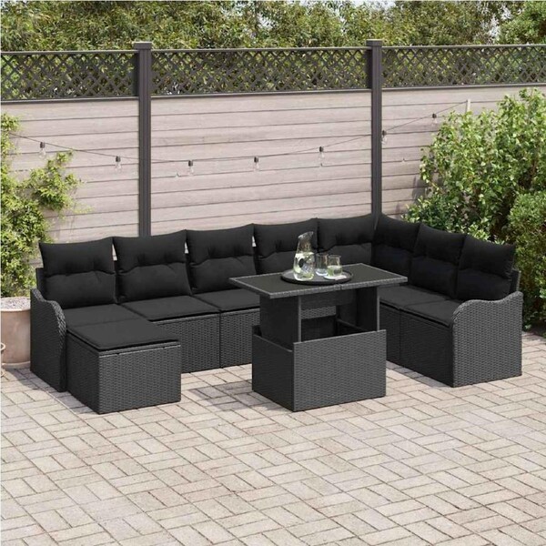Garden Sofa Set with Cushion 9 pcs Black Poly rattan vidaXL