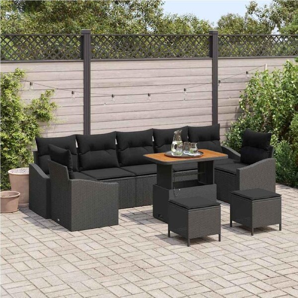 Garden Sofa Set with Cushion 10 pcs Black Poly Rattan vidaXL