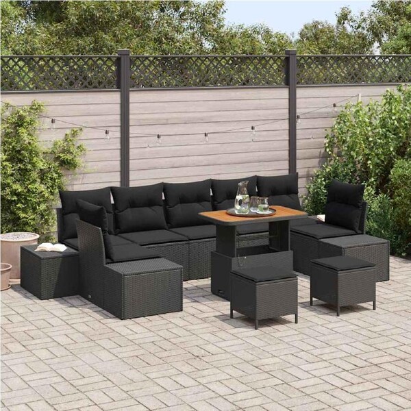 Garden Sofa Set with Cushion 10 pcs Black Poly Rattan vidaXL