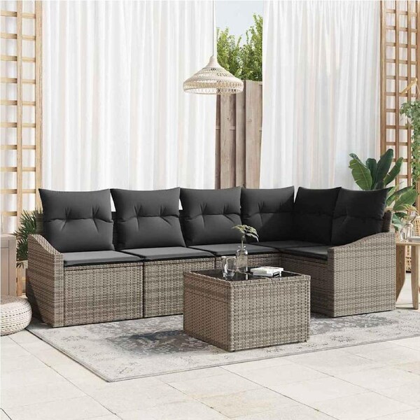 Garden Sofa Set with Cushion 6 pcs Light Grey Poly Rattan vidaXL