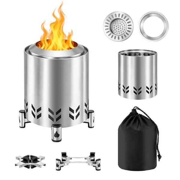 Wood Burning Stove Fire Pit Smokeless Fireplace Stainless Steel Tabletop Portable Outdoor Backyard Picnic Camping Hiking BBQ with Stand Carry Bag