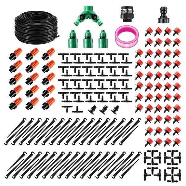 Garden Irrigation System 50m Drip Tubing Hose DIY Micro Plant Watering Kits Automatic Adjustable Nozzles Raised Bed Pot Vegetable Lawn Grass Sprinkler