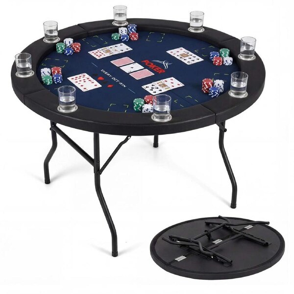 Costway 122cm Folding Poker Table Round Casino Leisure Texas Holdem Game Play Table for 8 Players Blue