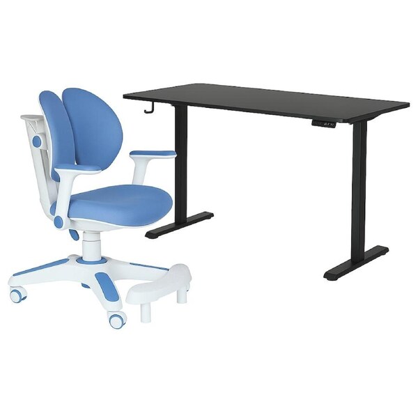 Ergonomic Kids Study Chair & Adjustable Electric Standing Desk Set ? Blue Chair & Black Desk