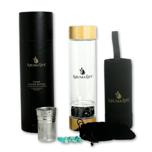 Aruma Life Crystal Water Bottle with a Loose-Leaf Tea/Fruit Infuser - Obsidian & Turquoise