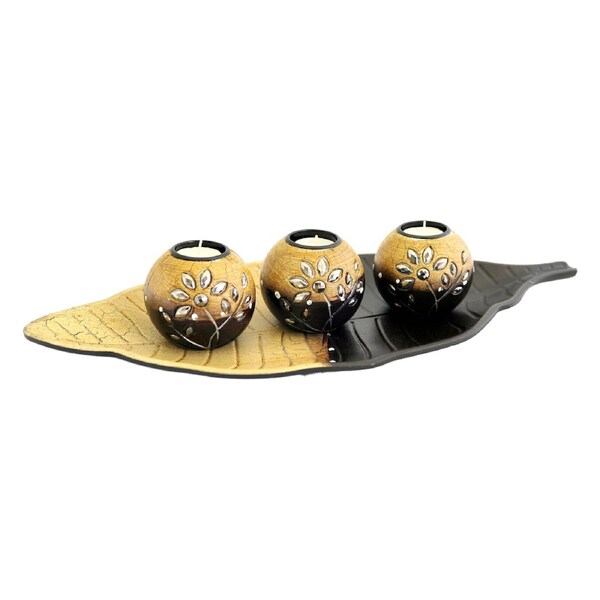 Trio of Three Tea Light Candle Holders on a Leaf Tray plus 50 Pack of Candles
