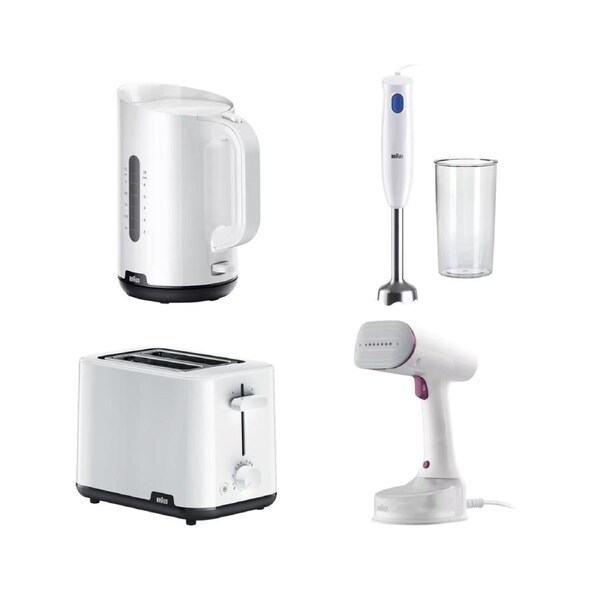 Braun 2 Slice Toaster, 1.7L Kettle, Hand Blender & Garment Steamer BUNDLE