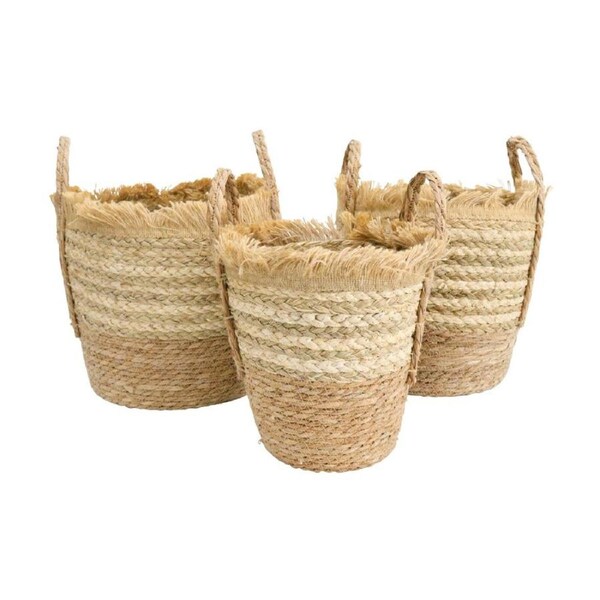 3pc LVD Arizona Woven Storage Basket Set Small/Med/Large W/ Handles Tan/Beige