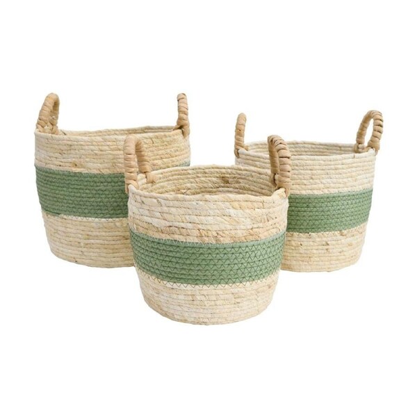 3pc LVD Cayman Woven Storage Basket Set Small/Med/Large W/ Handles Beige/Green