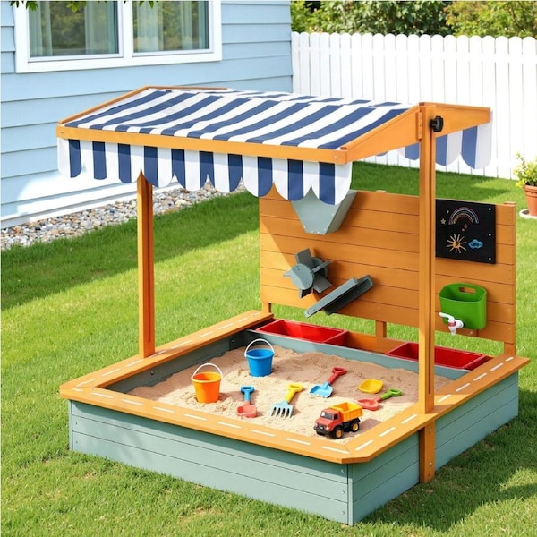 110x110x112cm Keezi Kids Sandpit Wooden Canopy Sandbox With Cover Funnel Outdoor Toys Green