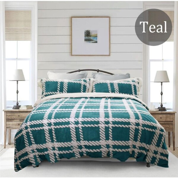 2 in 1 Jacquard Flannel Fleece Sherpa Quilt Coverlet Set and Blanket -6 Colours-4 Sizes- Queen / Teal