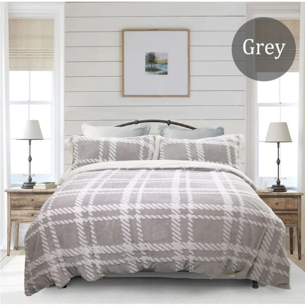 2 in 1 Jacquard Flannel Fleece Sherpa Quilt Coverlet Set and Blanket -6 Colours-4 Sizes- King / Grey