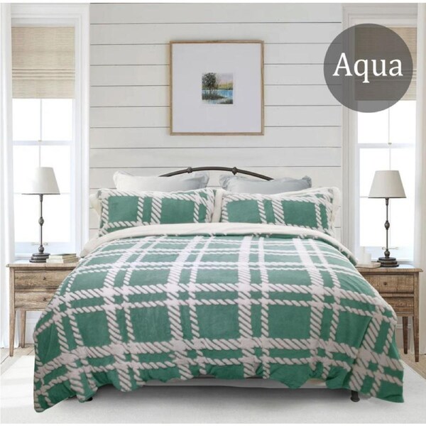 2 in 1 Jacquard Flannel Fleece Sherpa Quilt Coverlet Set and Blanket -6 Colours-4 Sizes- Single / Aqua