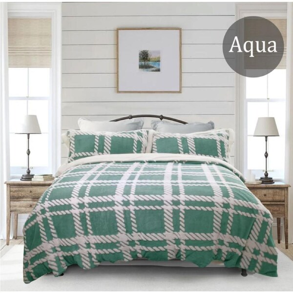 2 in 1 Jacquard Flannel Fleece Sherpa Quilt Coverlet Set and Blanket -6 Colours-4 Sizes- Queen / Aqua