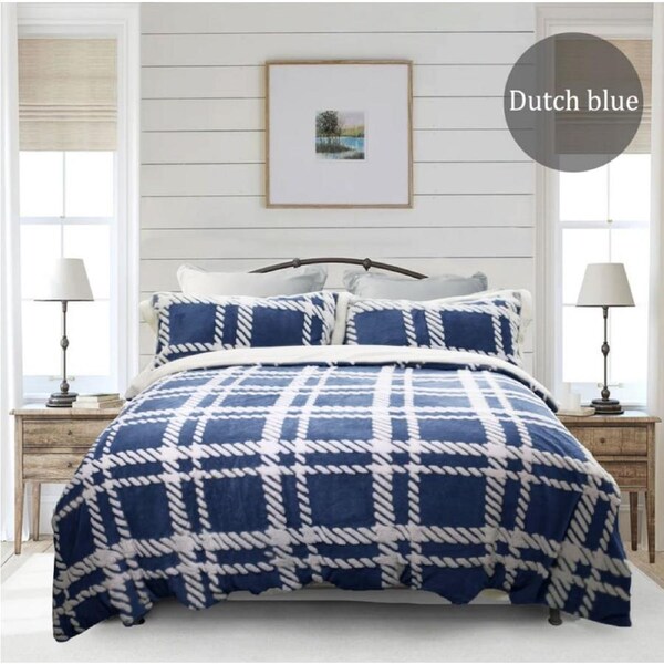 2 in 1 Jacquard Flannel Fleece Sherpa Quilt Coverlet Set and Blanket -6 Colours-4 Sizes- King / Dutch Blue