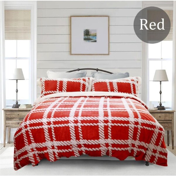 2 in 1 Jacquard Flannel Fleece Sherpa Quilt Coverlet Set and Blanket -6 Colours-4 Sizes- King / Red