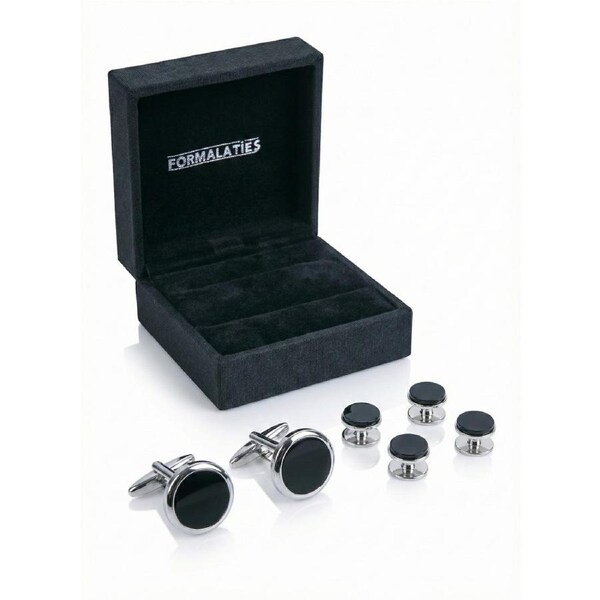 Formalaties 6pcs Premium Shirt Round Stud & Cufflink Set in Black Onyx (Gift Boxed)