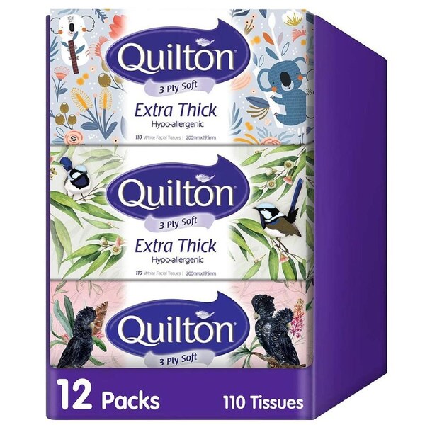 Quilton 3 Ply Facial Tissues 12 x 110 Sheets - Extra Thick, Premium Quality