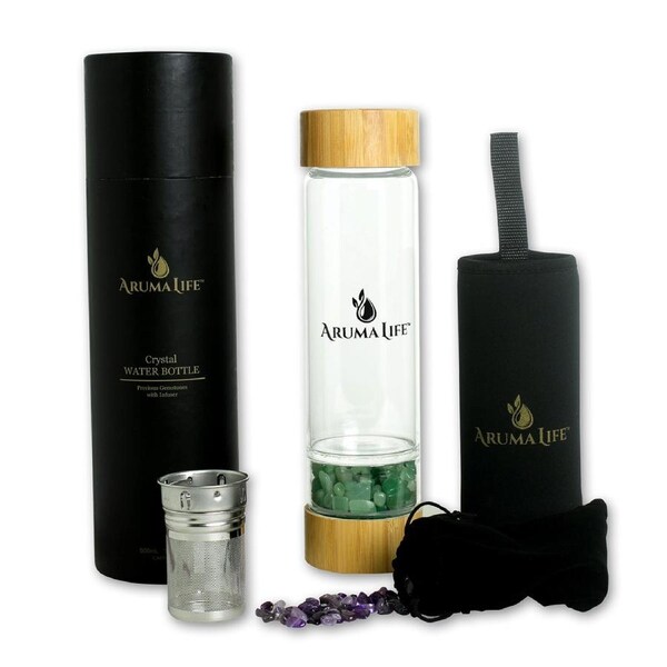 Aruma Life Crystal Water Bottle with a Loose-Leaf Tea/Fruit Infuser - Aventurine & Dark Amethyst