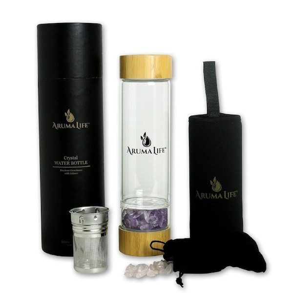 Aruma Life Crystal Water Bottle with a Loose-Leaf Tea/Fruit Infuser - Amethyst & Rose Quartz