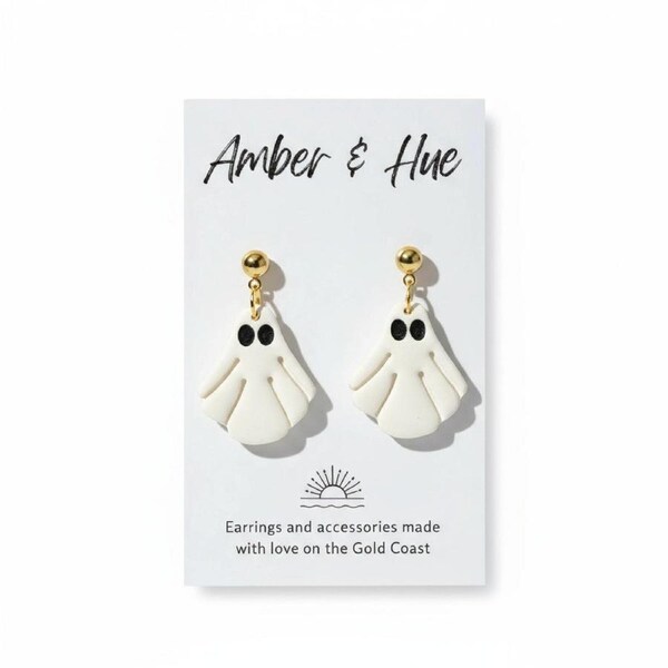Amber and Hue Studio - White & Gold Dangle Ghost Halloween Earrings