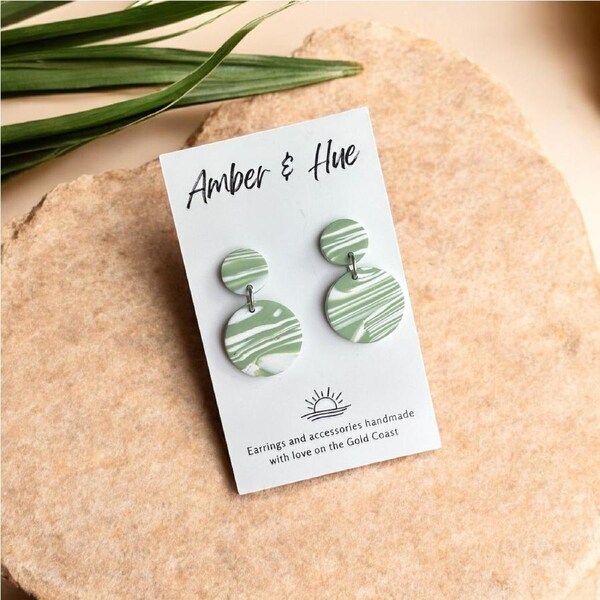 Sage Green and White Small Circle Dangle Earrings