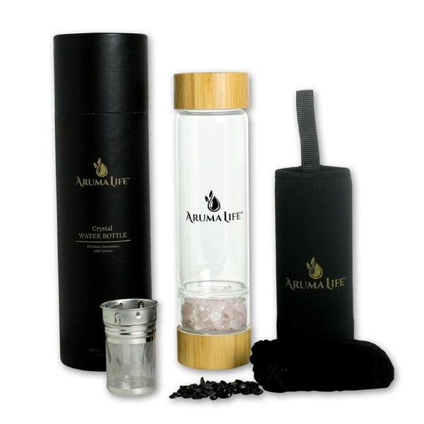 Aruma Life Crystal Water Bottle with a Loose-Leaf Tea/Fruit Infuser - Rose Quartz & Obsidian