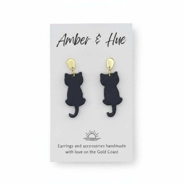 Amber and Hue Studio - Gold Dangle Black Cat Halloween Earrings
