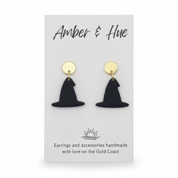 Amber and Hue Studio - Black and Gold Witches Hat Dandle Halloween Earrings