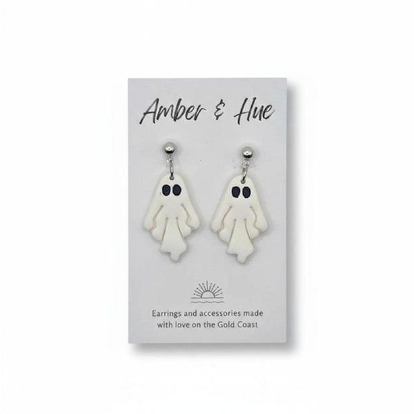 Amber and Hue Studio - Silver & White Dangle Ghost Halloween Earrings