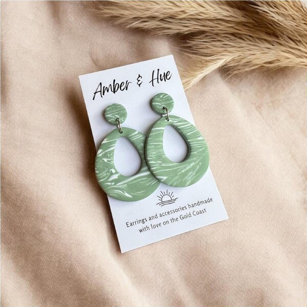 Sage Green and White Marbled Rounded Teardrop Dangle Earrings