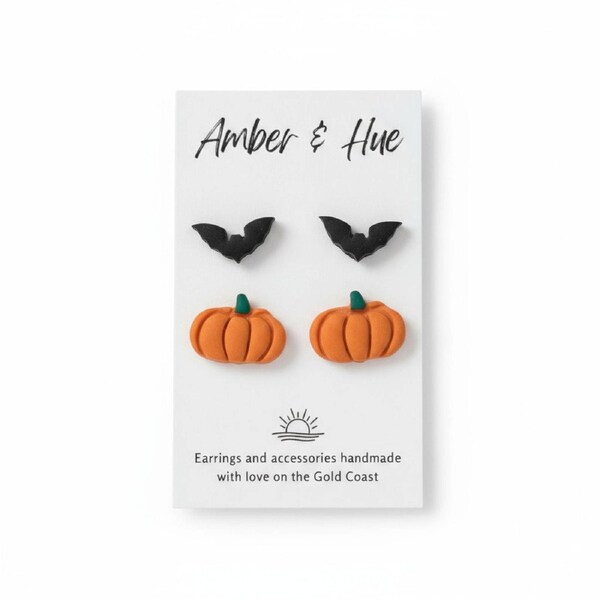 Amber and Hue Studio - Bat & Pumpkin Halloween Earrings Stud Set