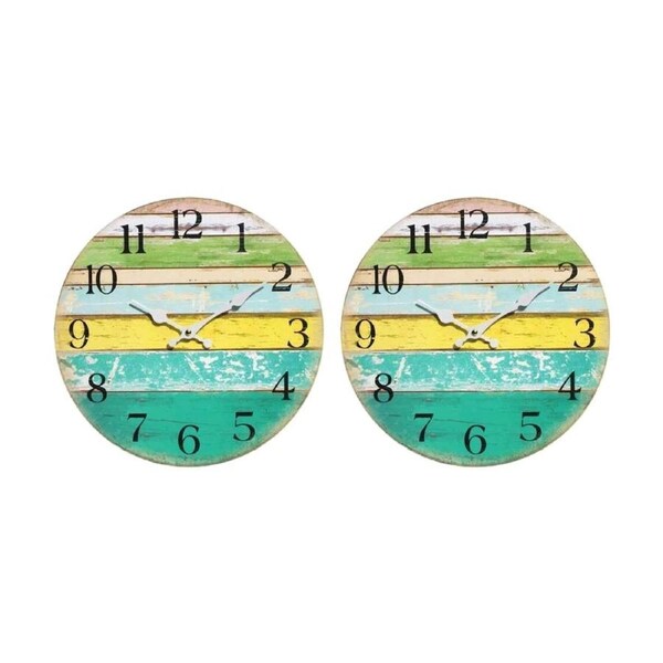 2PK LVD Weathered Wood Coastal Coloured Board Home Decor Wall Clock 34x34x3cm
